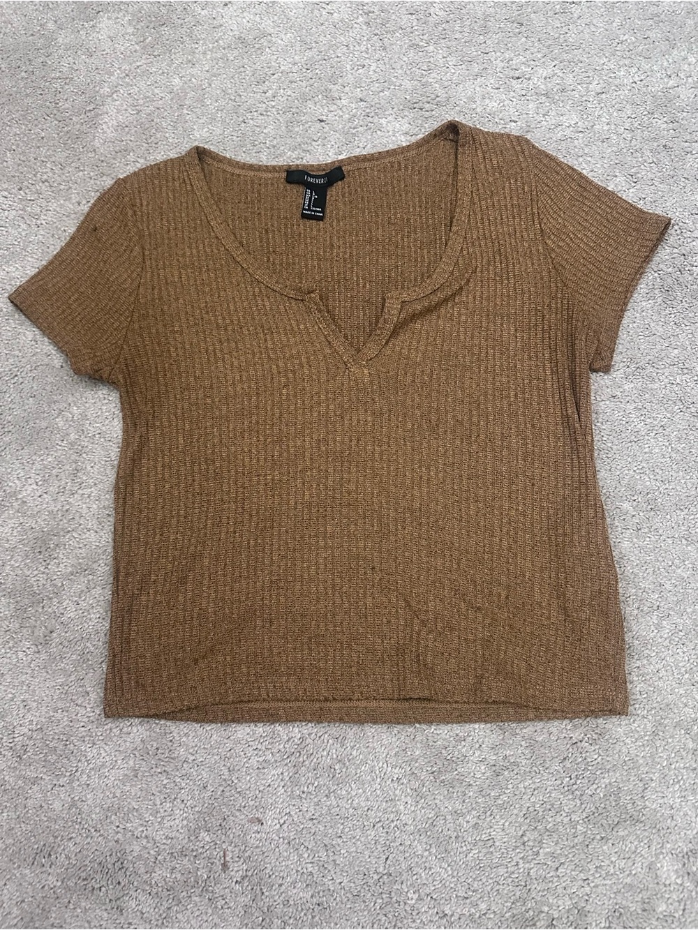 Forever 21 Camel Ribbed V-Notch Short Sleeve Tee